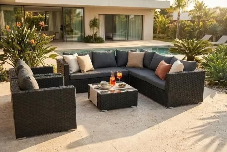 Zwarte wicker loungeset / hoekbank + 2 stoel SALE, Ophalen, Loungeset, Wicker, 7 zitplaatsen