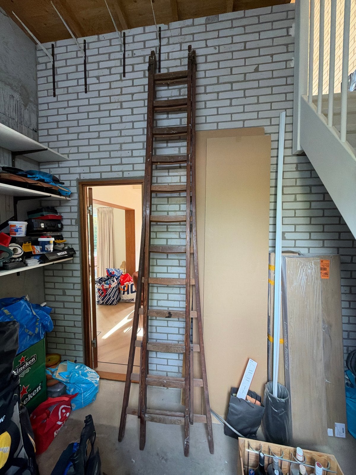 Uitschuifbare houten ladder - ca. 4 meter, Doe-het-zelf en Verbouw, Ophalen, Gebruikt, Ladder, Opvouwbaar of Inschuifbaar