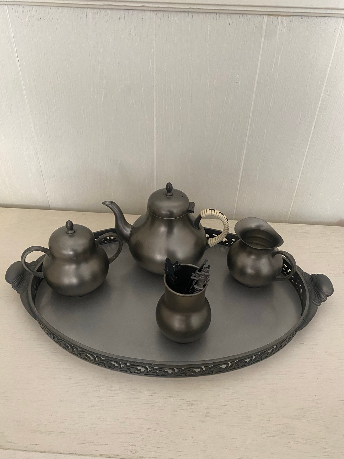 Antiek tinnen theeservies met dienblad en lepels, Antiek en Kunst, Ophalen of Verzenden