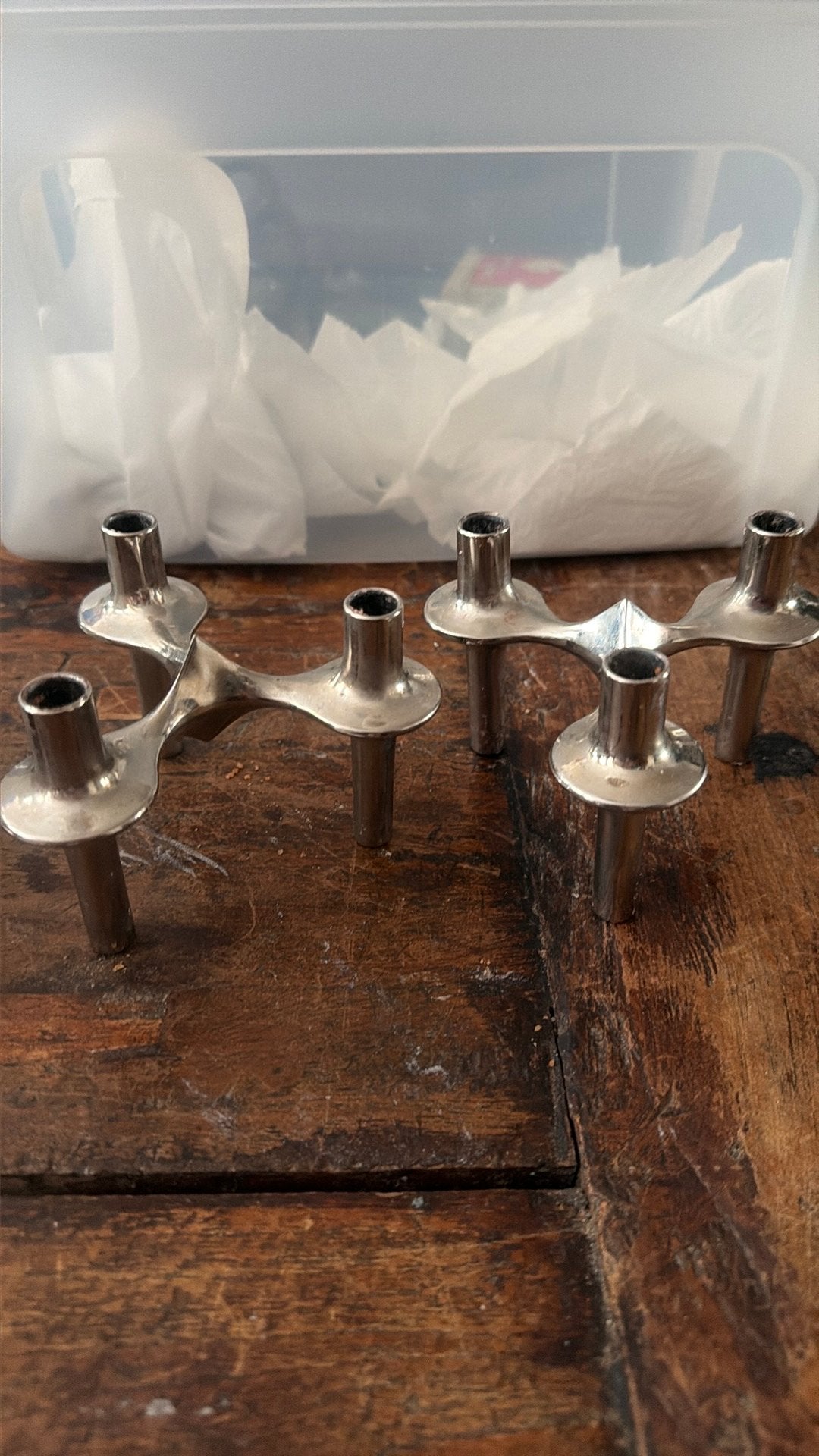2 vintage stapel kandelaars , nagel, in originele doosjes, Ophalen of Verzenden