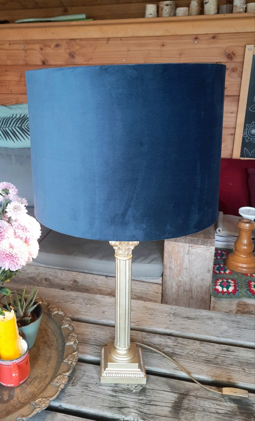 Sjieke aparte tafellamp goud/ blauw, lees de beschrijving, Blauw, Gebruikt, Schemerlamp, E27 (groot)