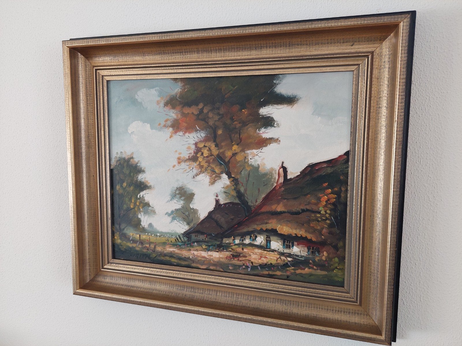 Schilderij met rietgedekte boerderijen, gesigneerd F. Walen, Ophalen