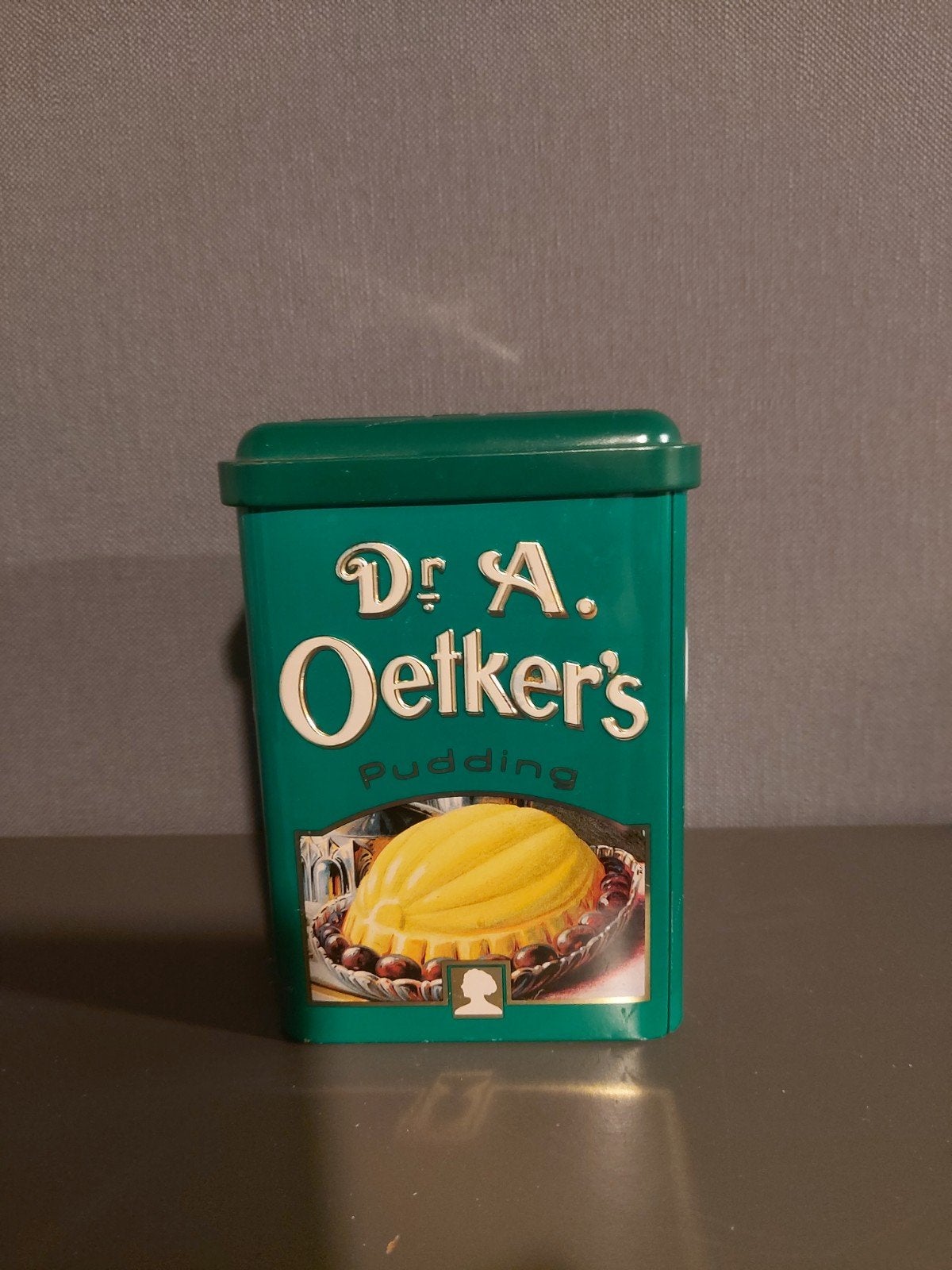 Vintage Dr. A. Oetker's Pudding Blik - Groen, Ophalen of Verzenden, Gebruikt, Overige, Overige merken