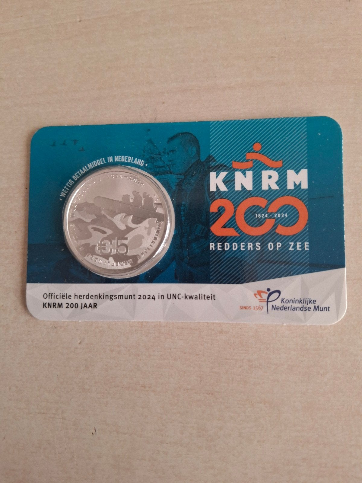 Zwaar verzilverde €5 munt 2024 KNRM 200 jaar UNC, Postzegels en Munten, Ophalen of Verzenden