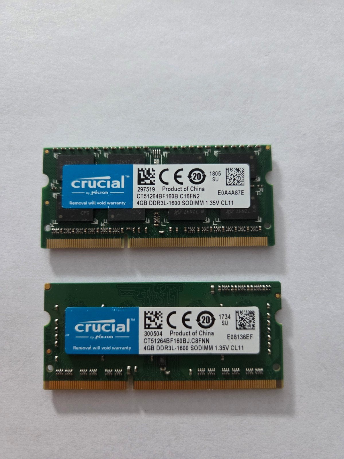 2x 4GB Crucial DDR3L-1600 SODIMM RAM voor laptop, Computers en Software, RAM geheugen, Gebruikt, DDR3, Ophalen of Verzenden, Laptop