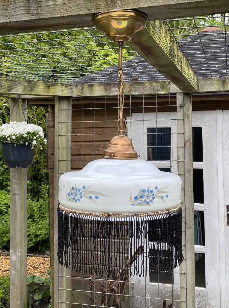 Leuke Antieke Hanglamp - vintage art deco brocante landelijk, Huis en Inrichting, Gebruikt, Glas, Antiek brocante, E27 (groot)