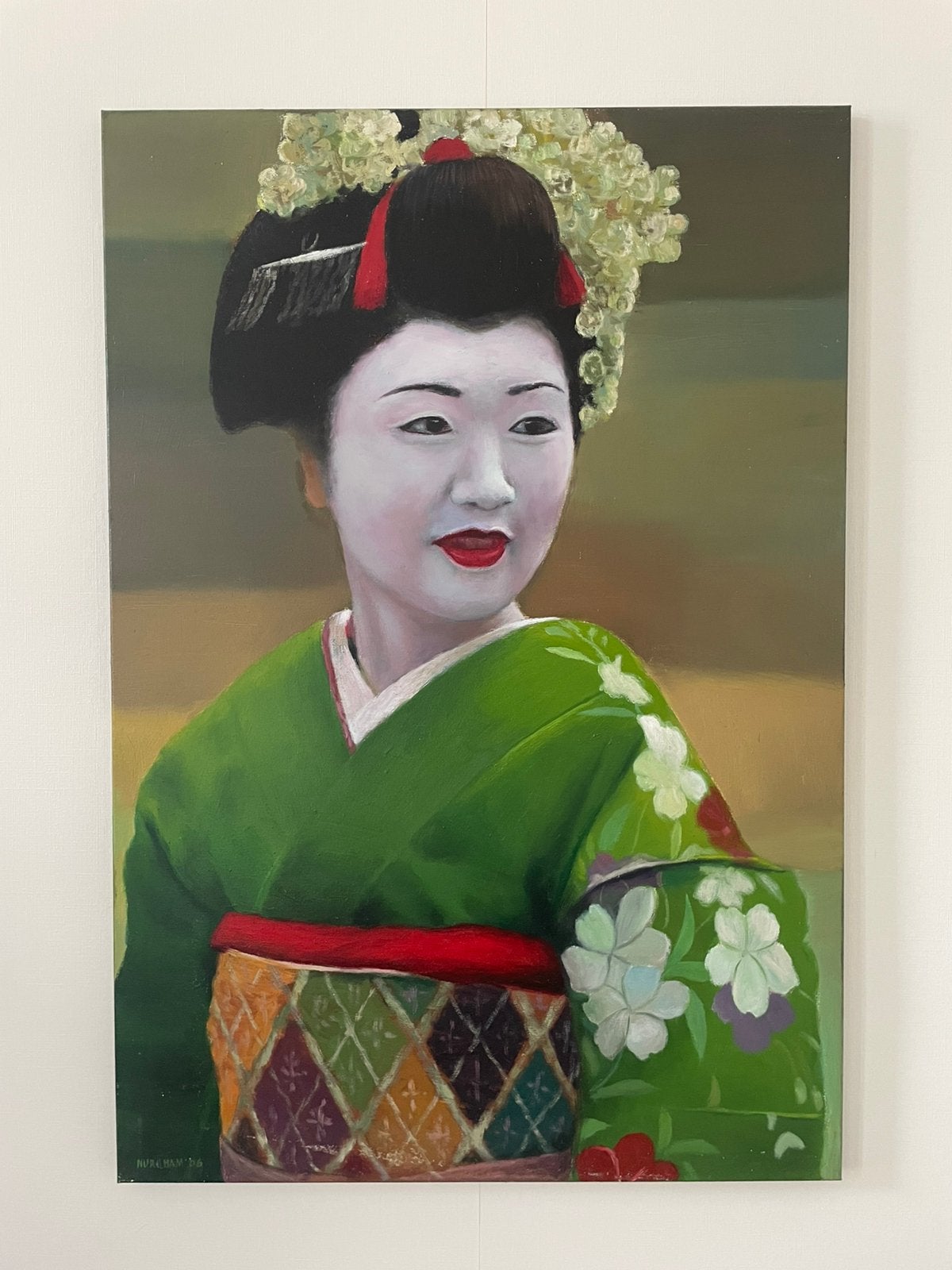Prachtig olieverfschilderij Geisha, Maiko, Japan - Nur Ilham, Doek, Portret of Personen, Realistisch, Ophalen of Verzenden