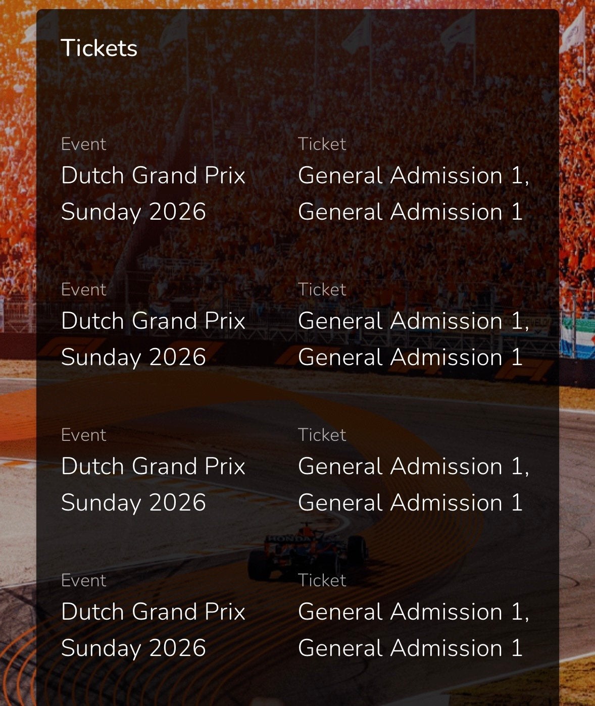 Selling 4 tickets for the Dutch GP-General admission,Sunday, Twee personen, Augustus