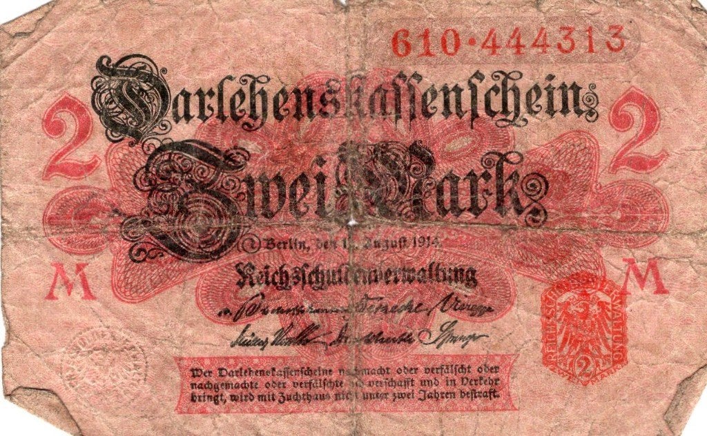 Bankbiljet:  Duitsland, 2 Mark, Dahrlehnskassenschein, 1914, Postzegels en Munten, Bankbiljetten | Europa | Niet-Eurobiljetten