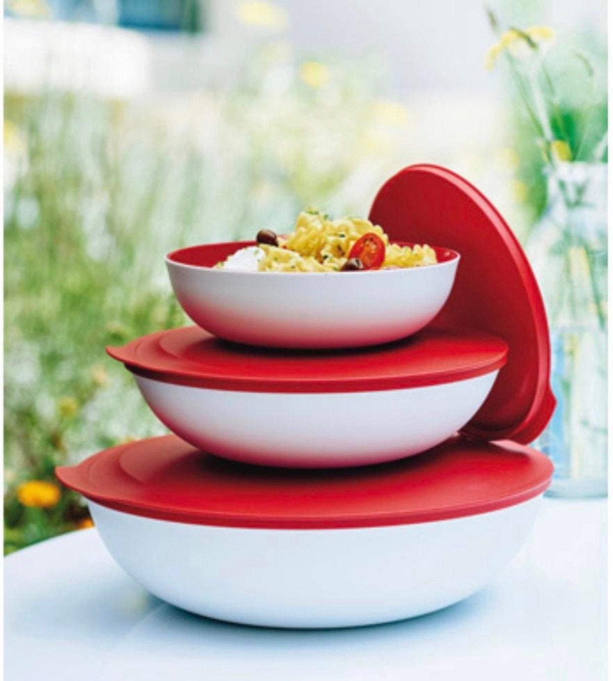 Tupperware Allegra schalen set met deksels - Rood/Wit, Verzenden, Nieuw, Rood, Schaal