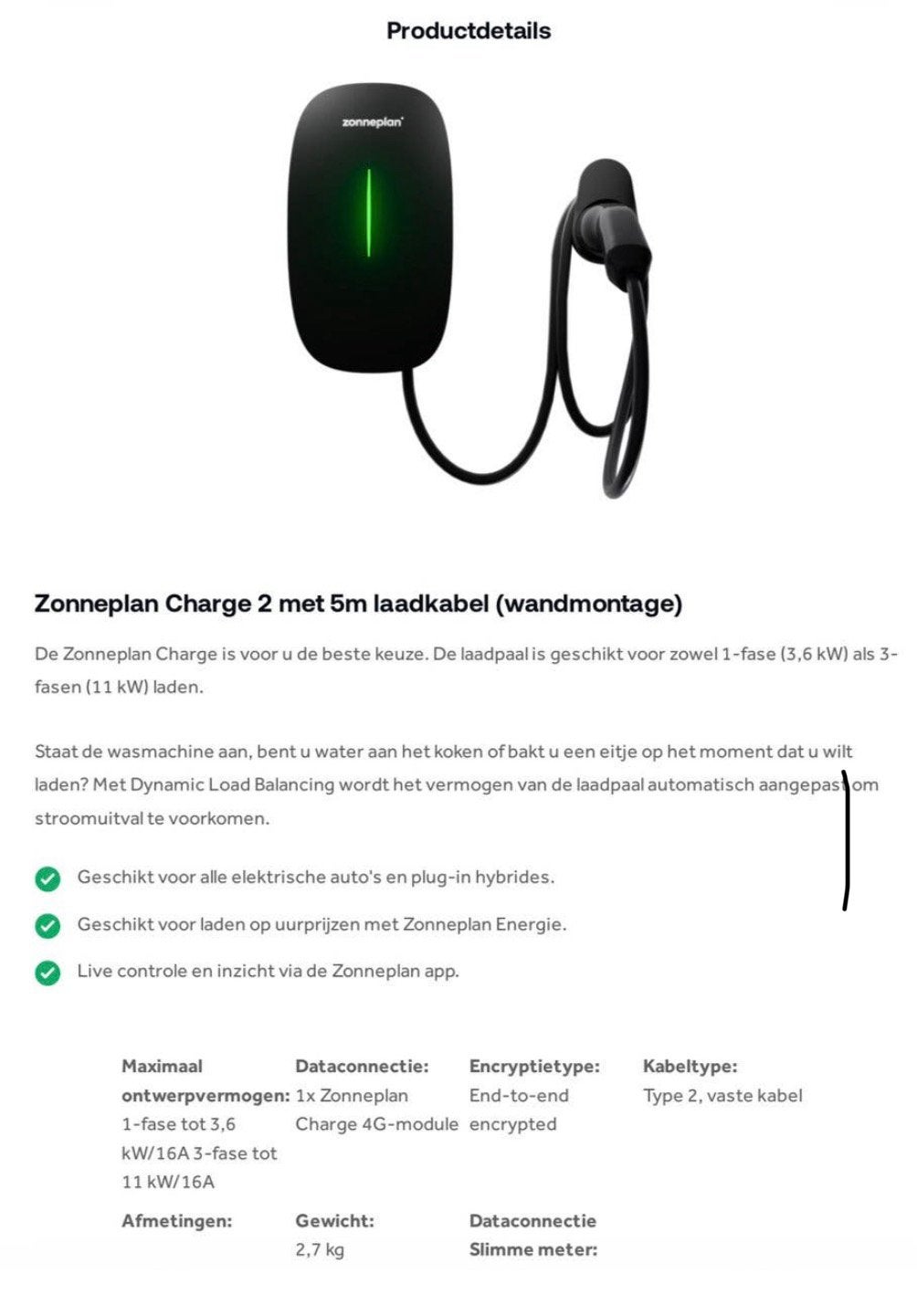 Zonneplan slimme laadpaal Charge 2, Ophalen of Verzenden, Zo goed als nieuw, Laadpaal en Laadkabel