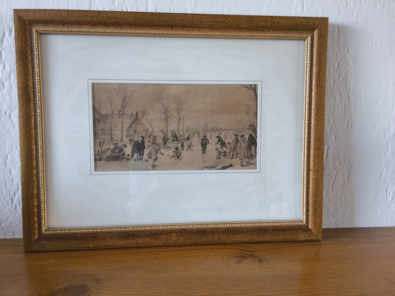 Antieke tekening: Winterlandschap met schaatsers, Antiek en Kunst, Ophalen