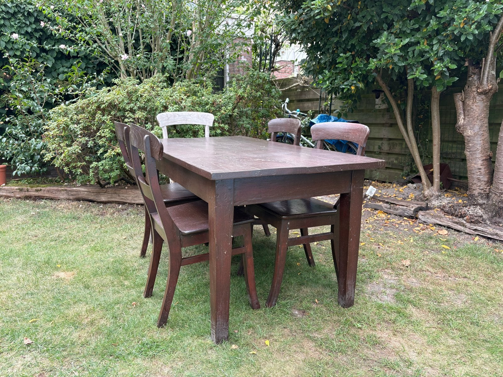 Houten tafel met stoelen, 150x79x73,5 cm, Ophalen, Gebruikt, Teakhout, 50 tot 100 cm