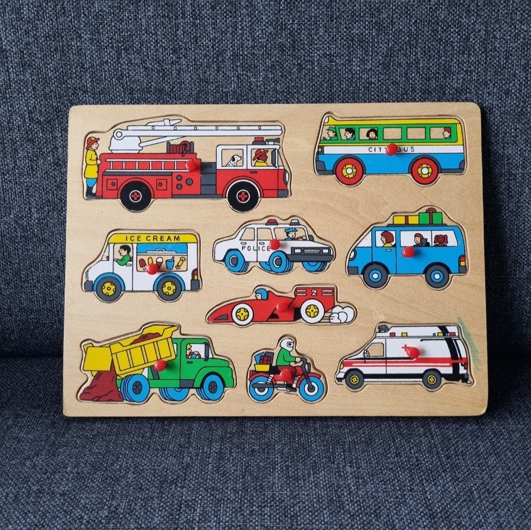 Houten noppenpuzzel puzzel voertuigen, Ophalen of Verzenden, Minder dan 10 stukjes, 6 maanden tot 2 jaar