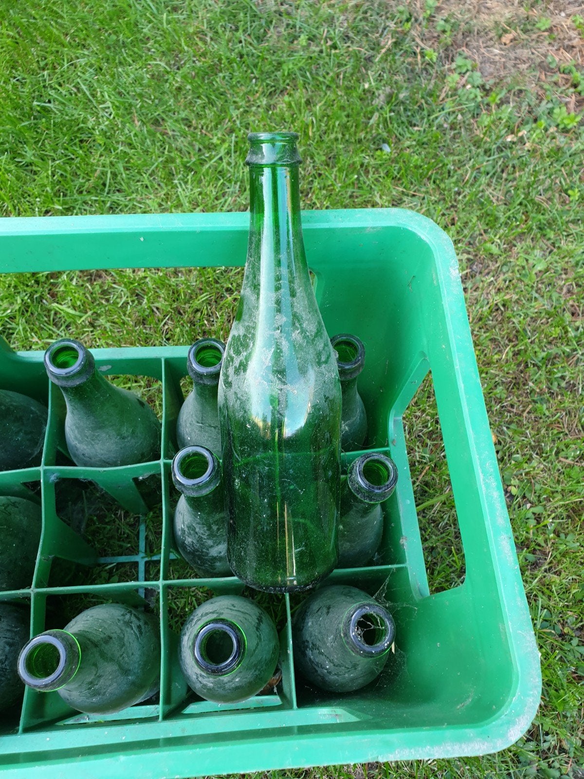 oude glazen flessen in krat gratis, Ophalen, Gebruikt