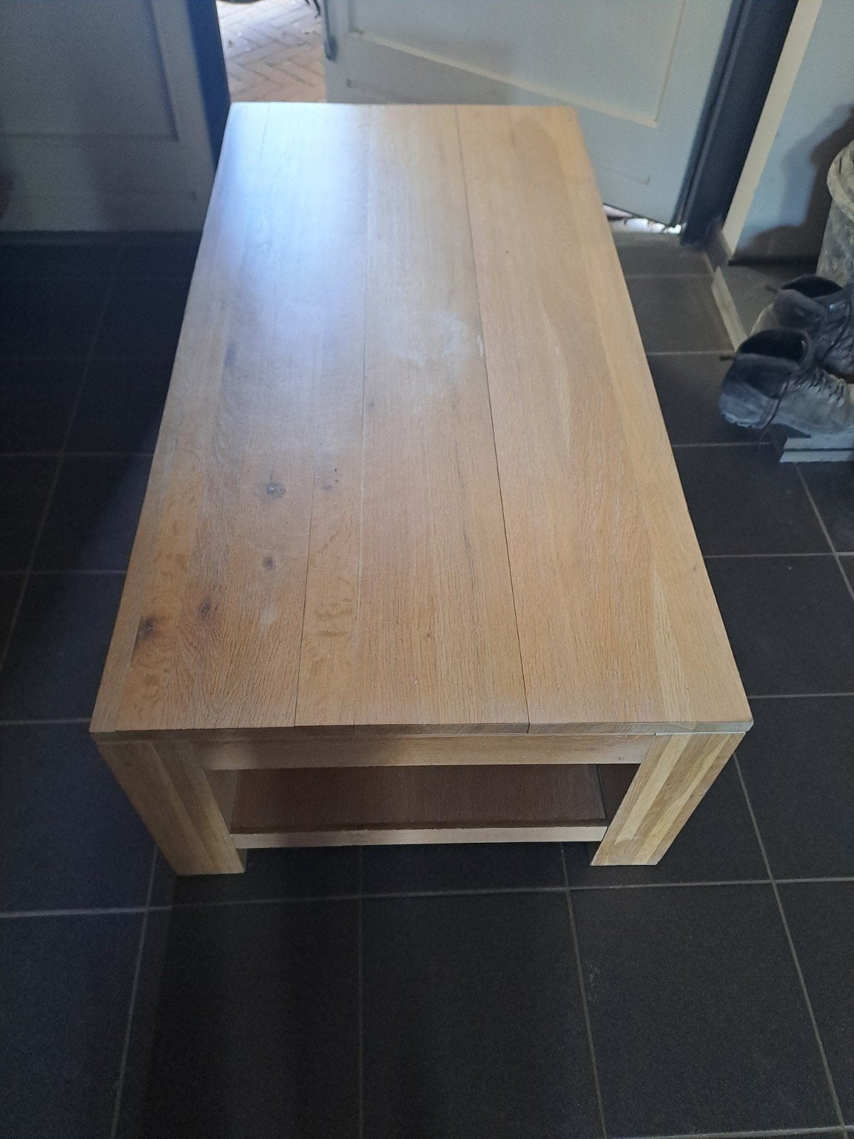 Massief eiken salontafel, Ophalen, Gebruikt, 100 tot 150 cm, 50 tot 100 cm