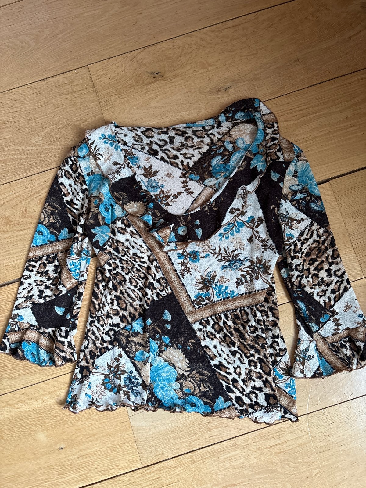 Vintage Top met Luipaardprint en Bloemen - Maat S, Meerkleurig, Ophalen of Verzenden, Korte mouw, Maat 36 (S)