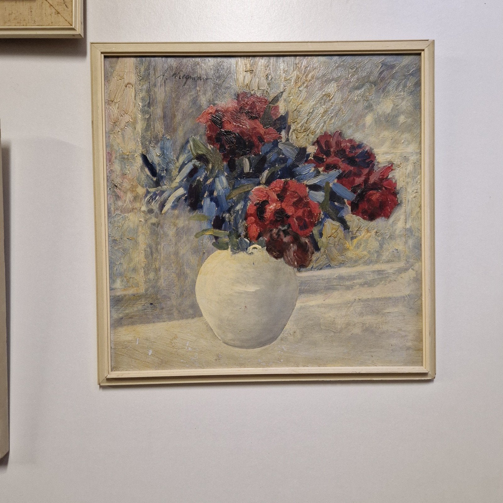 vintage schilderij bloemen op vaas stilleven olieverf op, Antiek en Kunst, Bloemen, Doek, Ophalen of Verzenden, Handgeschilderd