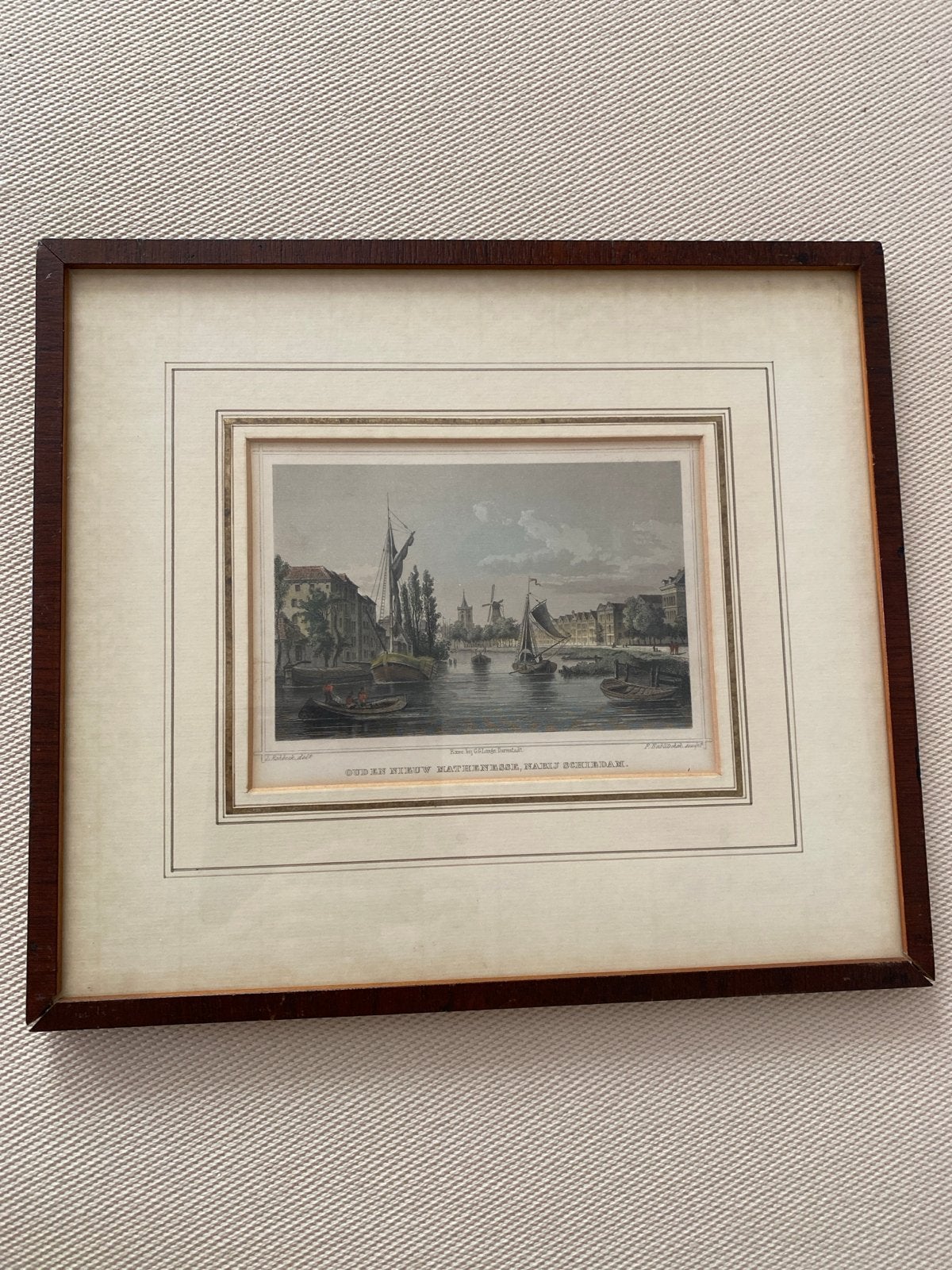 Antieke Ets: Oud en Nieuw Mathenesse, nabij Schiedam, 1800 - 1899, Ets, Stadsgezicht, Ophalen of Verzenden