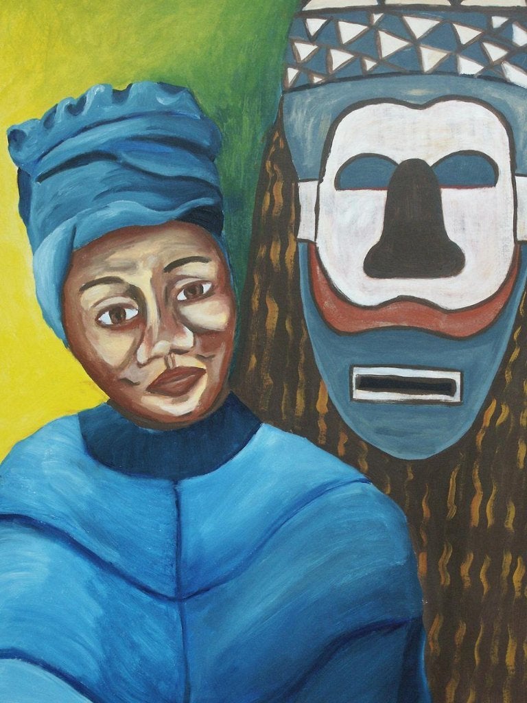 Schilderij donkere vrouw met masker, Ophalen