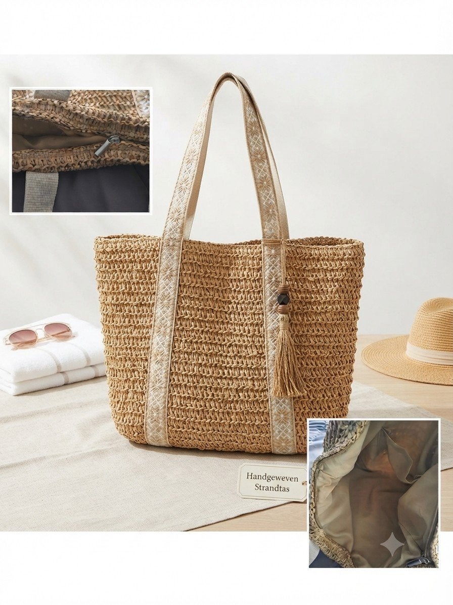 Handgeweven strandtas / shopper - Zo goed als nieuw, Ophalen of Verzenden, Zo goed als nieuw, Beige, Shopper