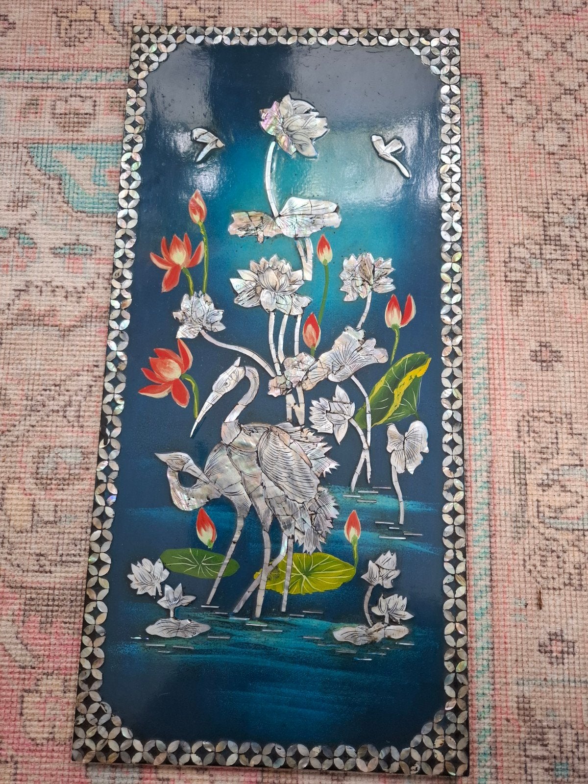 Vintage Aziatisch lakwerk paneel met parelmoer, 29 cm, Ophalen of Verzenden, Zo goed als nieuw, Handgemaakt