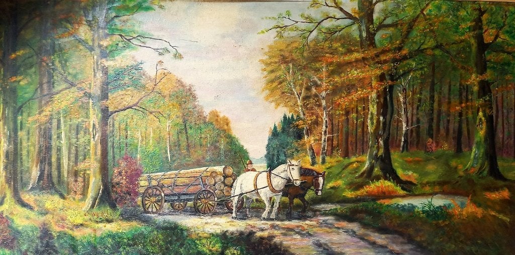 Paarden aan het werk in het bos, Ophalen, Paneel, Dieren, Olieverf