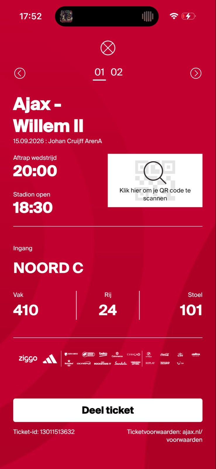 2 tickets Ajax - Willem II, Tickets en Kaartjes