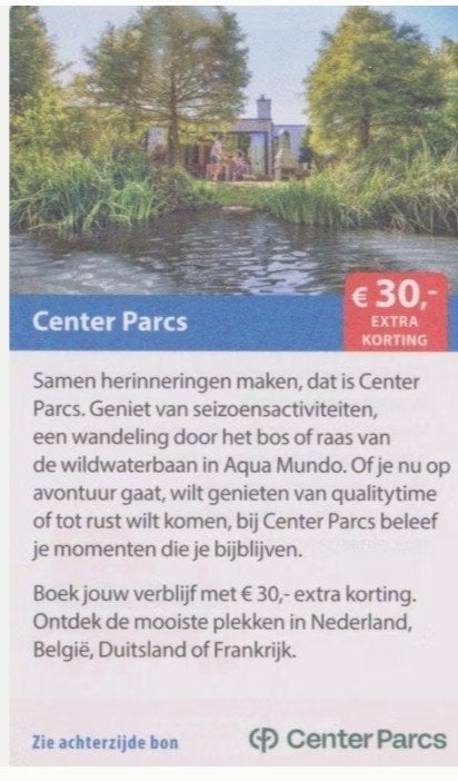 Center Parcs € 30,- extra korting, Drie personen of meer, Kortingsbon, Bungalowpark
