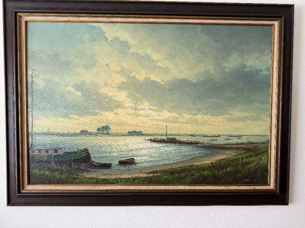 schilderij olieverf H.J. Wijngaard - Pontveer bij Varik, Ophalen, Doek, Realistisch, Gesigneerd