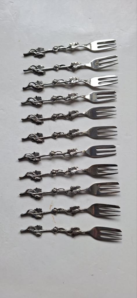 Set van 11 antieke zilpla zilverkleurige gebaksvorkjes, Ophalen of Verzenden