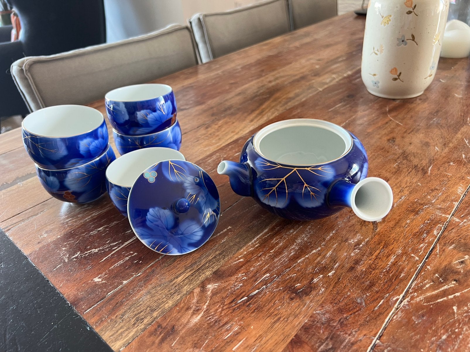 Blauw goude japanse theepot met 5 kopjes, Blauw, Zo goed als nieuw, Steen/keramiek, Ophalen