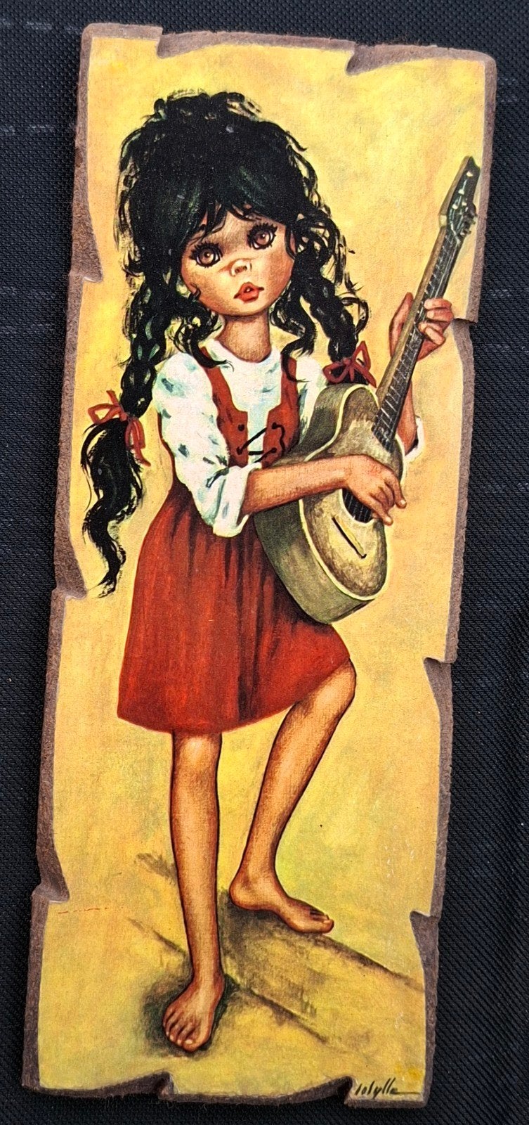 Vintage schilderijtje big eyed meisje met gitaar ( Lolylle), Ophalen of Verzenden