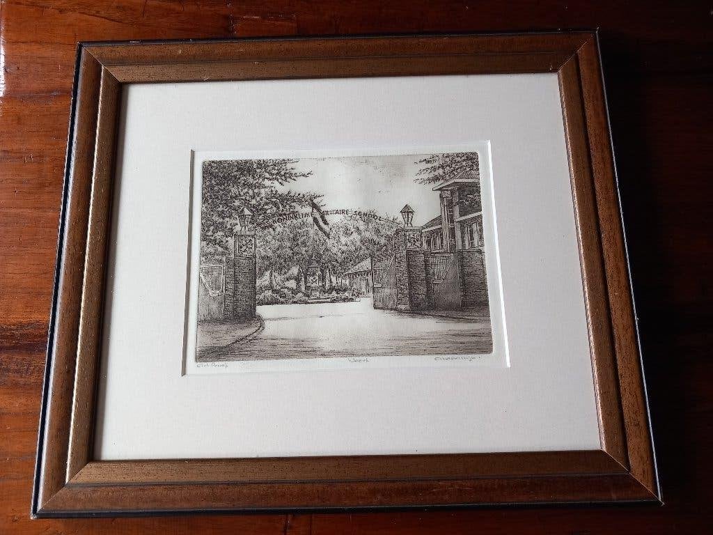 Koninklijke Militaire School Weert Ets, Antiek en Kunst, 30 cm, Ets, Architectuur, 35 cm