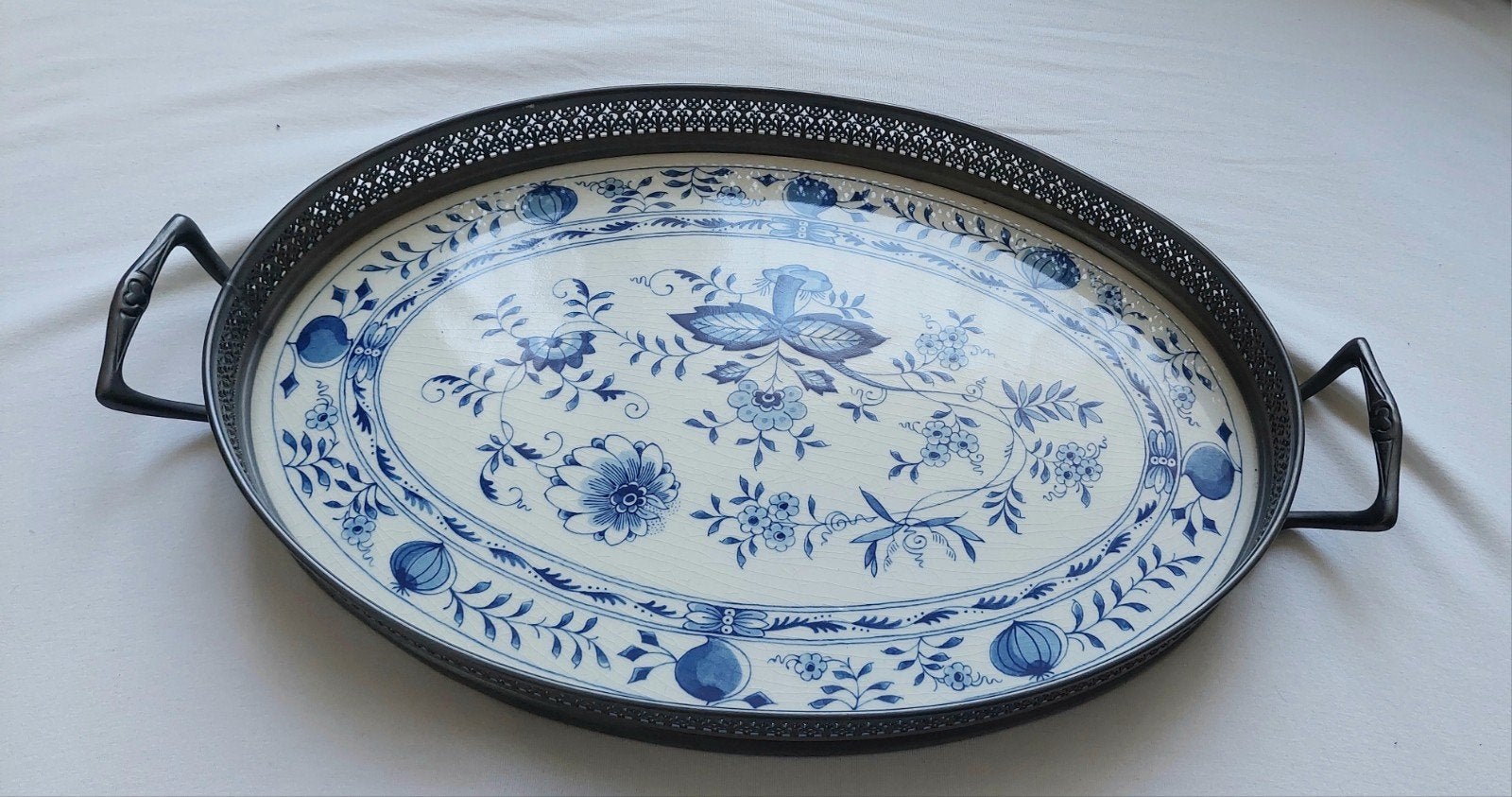 Antiek Delftsblauw Dienblad met Tinnen Rand - Handwerk, Ophalen of Verzenden