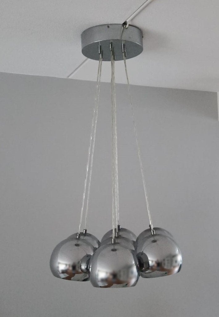 Hanglamp chroom 7 bollen, Ophalen, Gebruikt, E27 (groot), Metaal