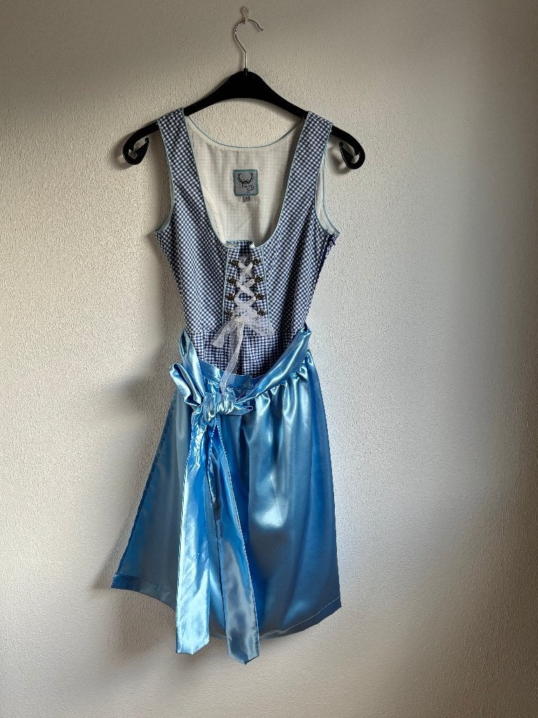 Blauwe/wit geruite Dirndl jurk met satijnen schort, Maat 42/44 (L), Ophalen of Verzenden, Kleding, Overige thema's