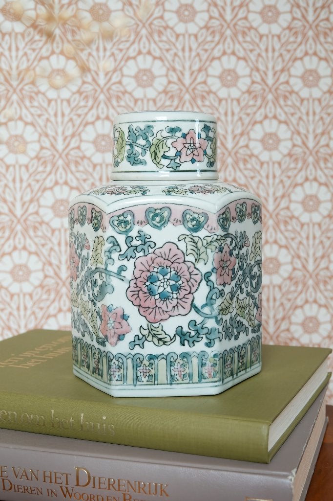 Vintage Chinese gemberpot roze bloemen 6hoekig, Antiek en Kunst, Ophalen of Verzenden