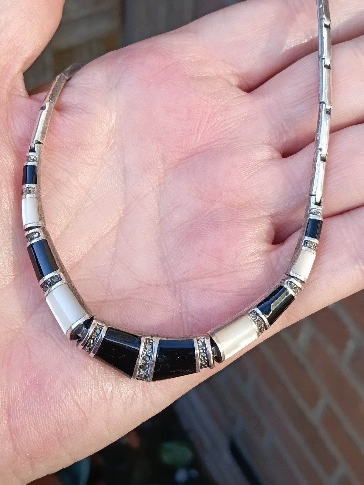 prachtig zilveren collier met onyx en parelmoer, Sieraden, Tassen en Uiterlijk, Antieke sieraden, Verzenden, Zilver