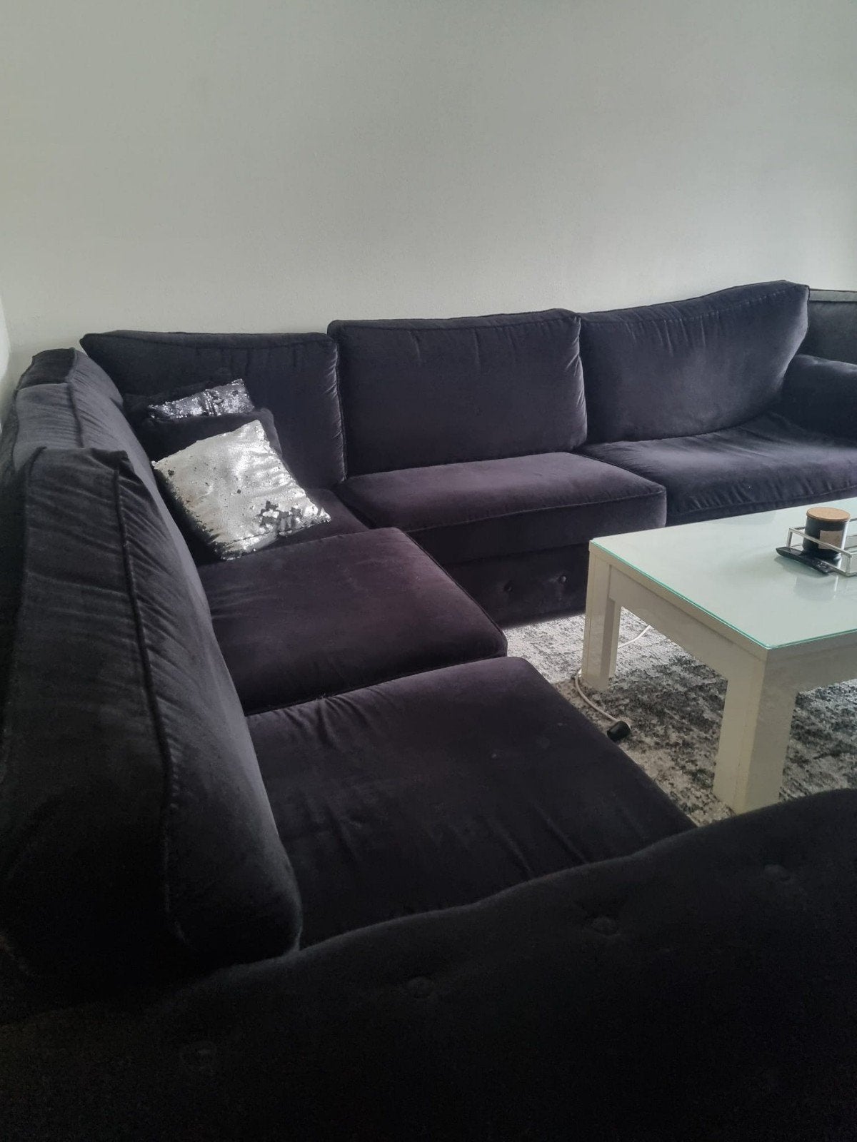 Comfortabele donkerzwarte 7+zithoekbank, Huis en Inrichting, Ophalen, Gebruikt, Stof, Modern, Comfortabel