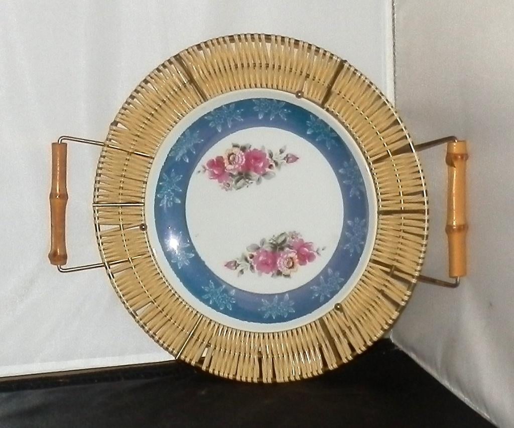Retro wandbord met rieten rand ø 28 cm, Ophalen of Verzenden
