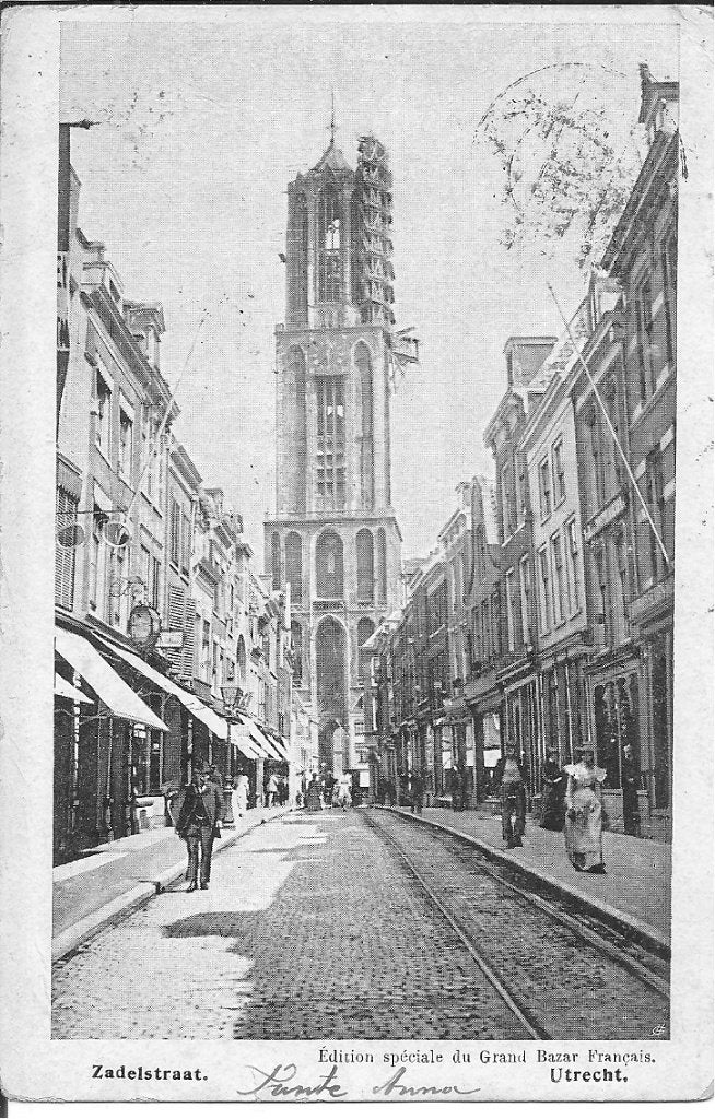 Zadelstraat Utrecht met Domtoren - Oude Ansichtkaart, Ophalen of Verzenden, Voor 1920, Gelopen, Utrecht