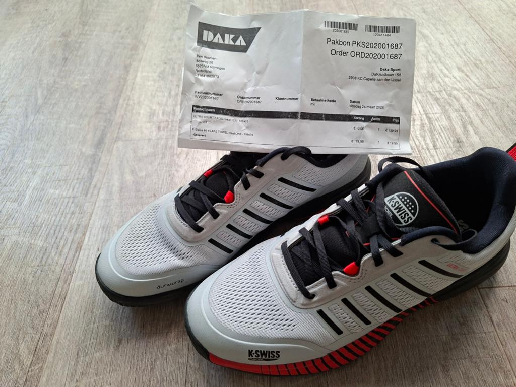 Nieuwe K-Swiss padelschoenen maat 45, Sport en Fitness, Padel, Ophalen of Verzenden, Zo goed als nieuw