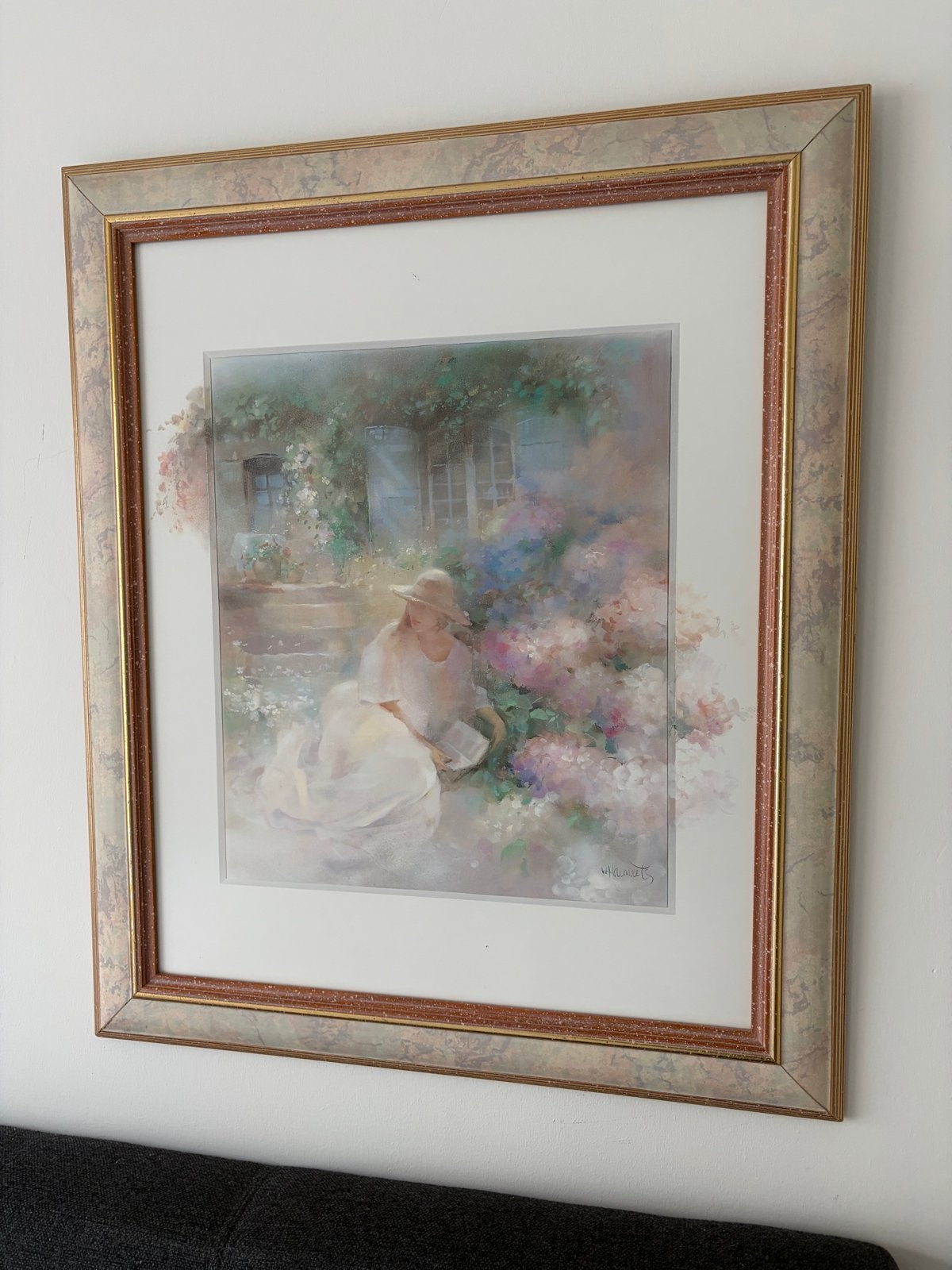 Schilderij 'Vrouw in Tuin' - Romantisch en Ingelijst, Doek, Portret of Personen, Impressionistisch, Ophalen of Verzenden