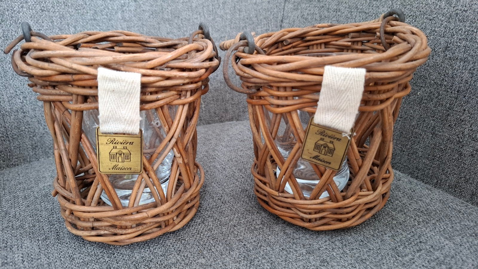 Riviera Maison rotan  windlichtjes 13 cm hoog, Huis en Inrichting, Woonaccessoires | Kandelaars en Kaarsen, Ophalen, Zo goed als nieuw