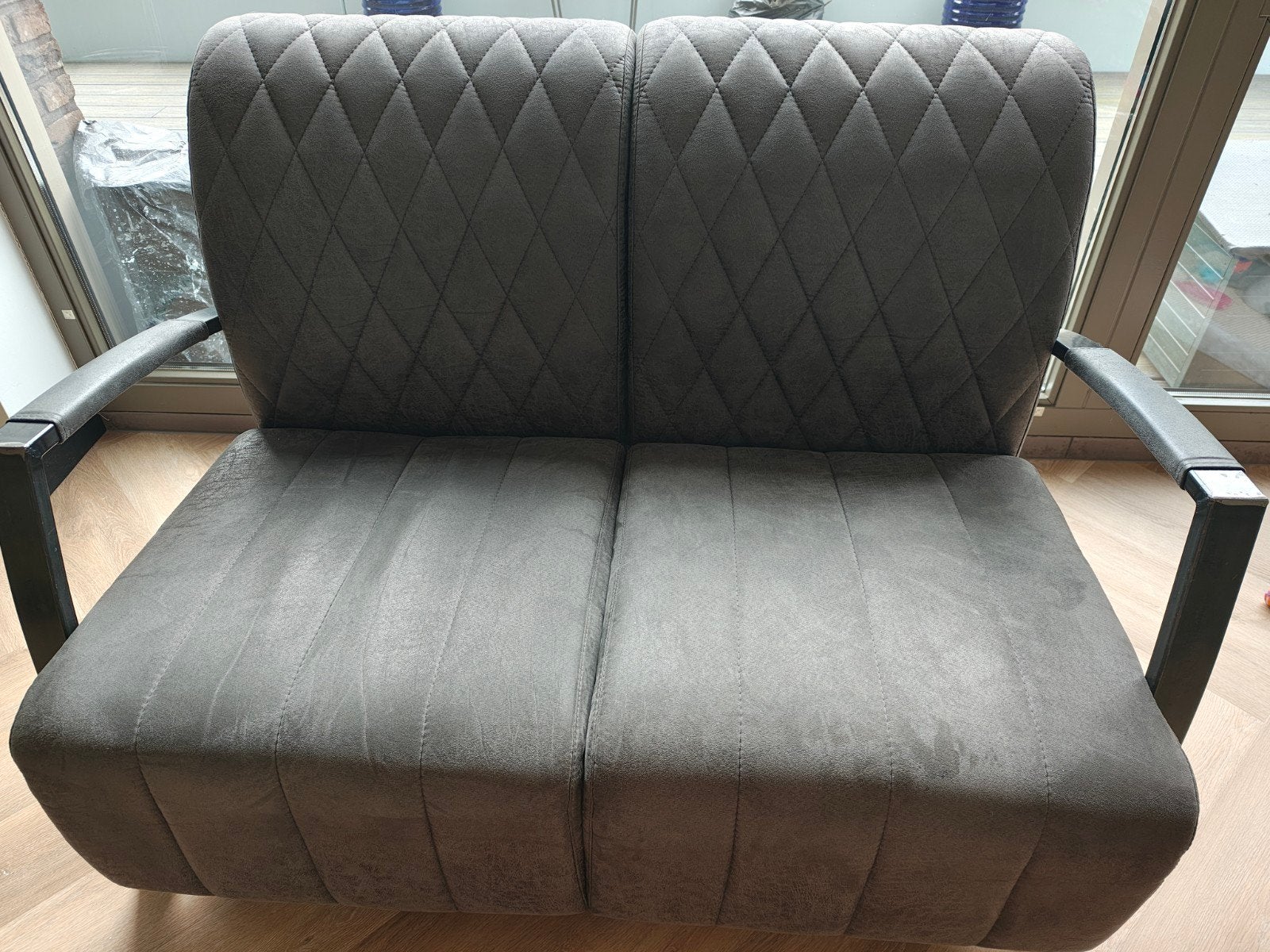 Vintage 2-zits bankje nubuck leer met metaal (116cm), Ophalen, Gebruikt, Minder dan 75 cm, Vintage
