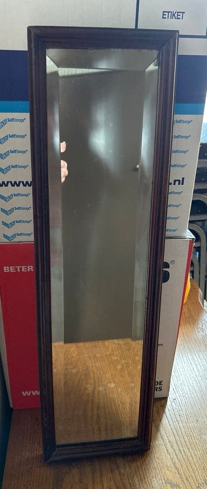 Vintage spiegel met houten lijst, Antiek en Kunst, Antiek | Spiegels, Ophalen, Rechthoekig, Minder dan 50 cm, 100 tot 150 cm