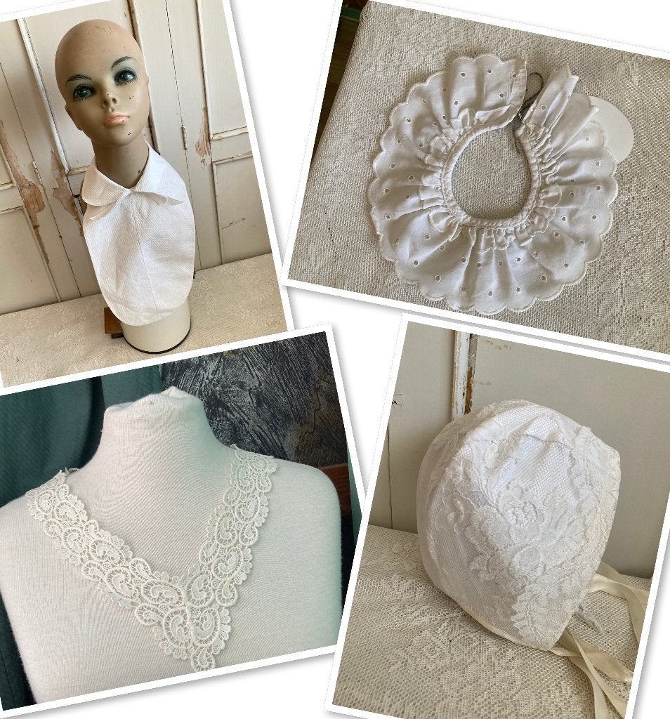 Brocante kraagjes en befjes & kanten babymutsje, Vintage, Ophalen, Gedragen