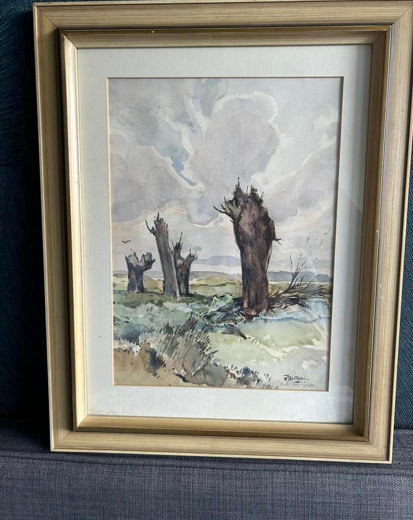 W. Jansen aquarel dode knotwilgen in de Dordtse Biesbosch., Antiek en Kunst, Kunst | Schilderijen | Klassiek, Ophalen of Verzenden