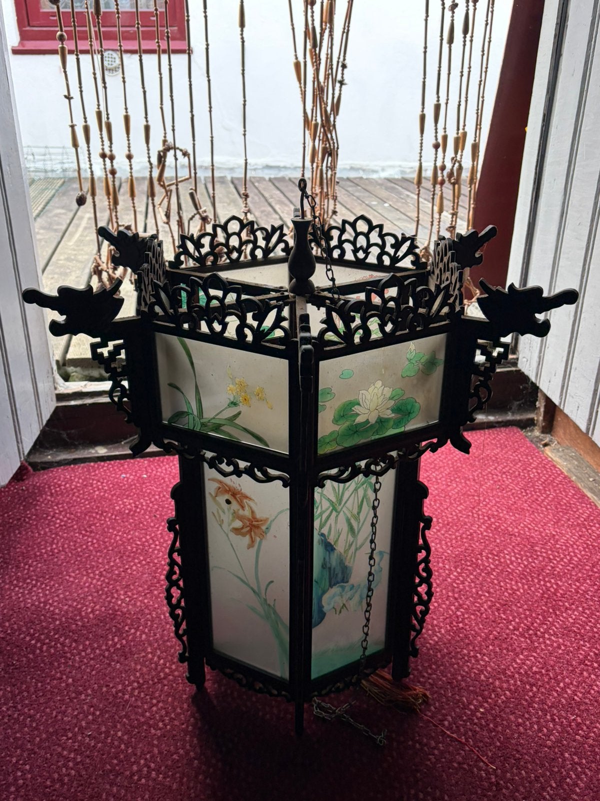 Vintage rozenhouten chinees kroonluchter, Ophalen, Zo goed als nieuw, Rechthoekig